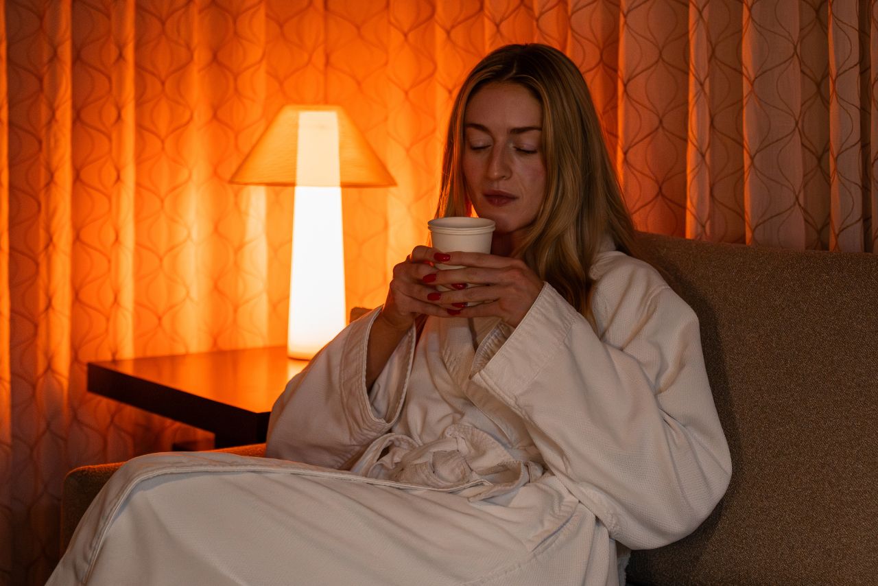 Woman in a spa robe enjoying a warm beverage in a cozy, softly lit setting, reflecting relaxation and wellness at Exhale Spa.